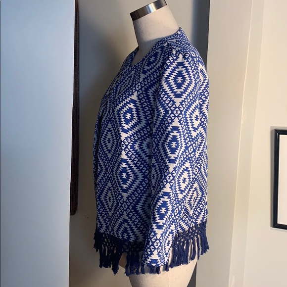 J. McLaughlin Blue White Fringe Trim Blazer - Picture 2 of 6